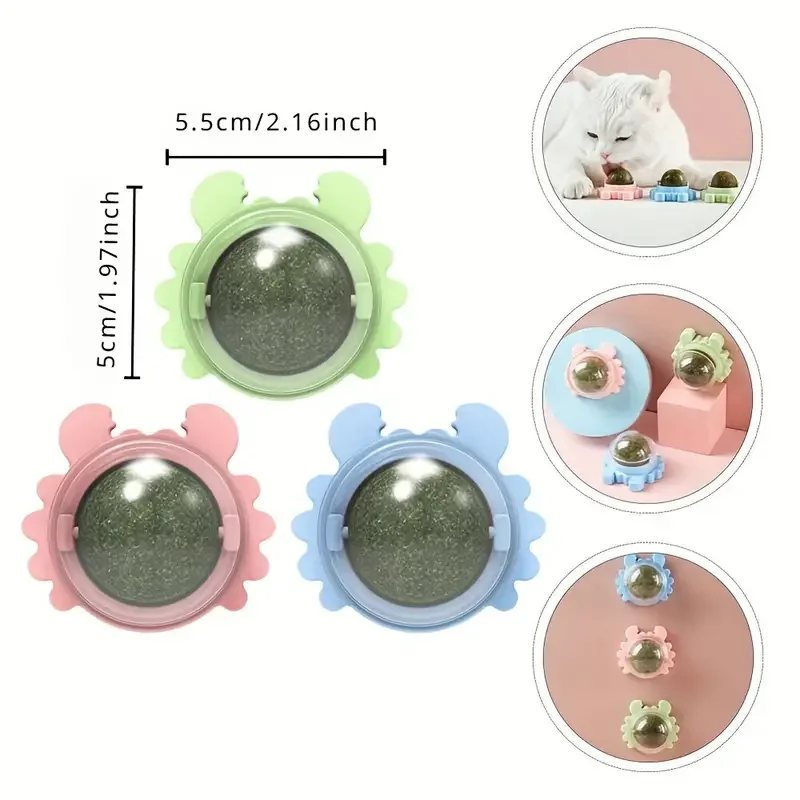 3 Packs Natural Catnip Balls, Interactive Cat Teeth Cleaning Toys, Cat Mint Playthings With Durable Holder - Pink, Green, Blue