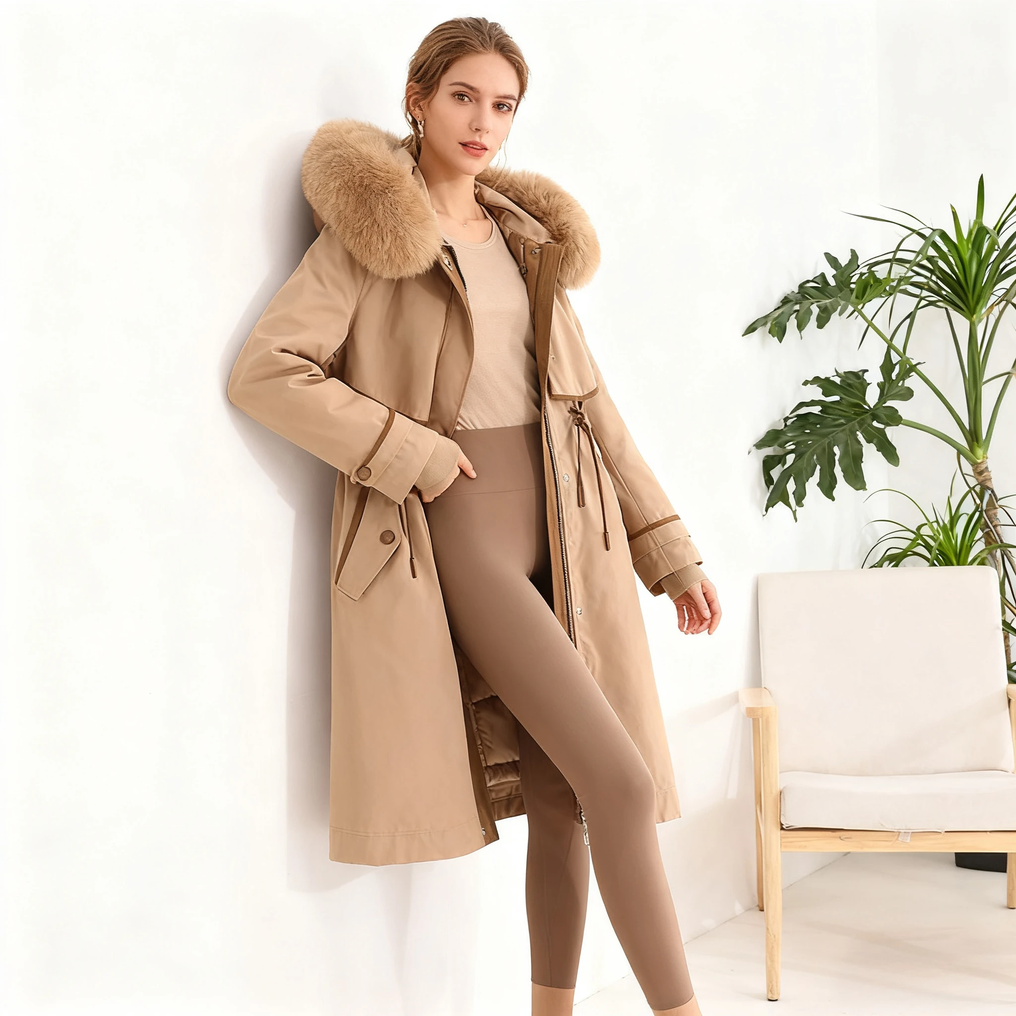 

Women Parkas Coats Mid Length Jackets Drawstring Pocket Zipper Hooded Long Sleeves Cinched Waist Thick Casual 2025 Autumn Winter