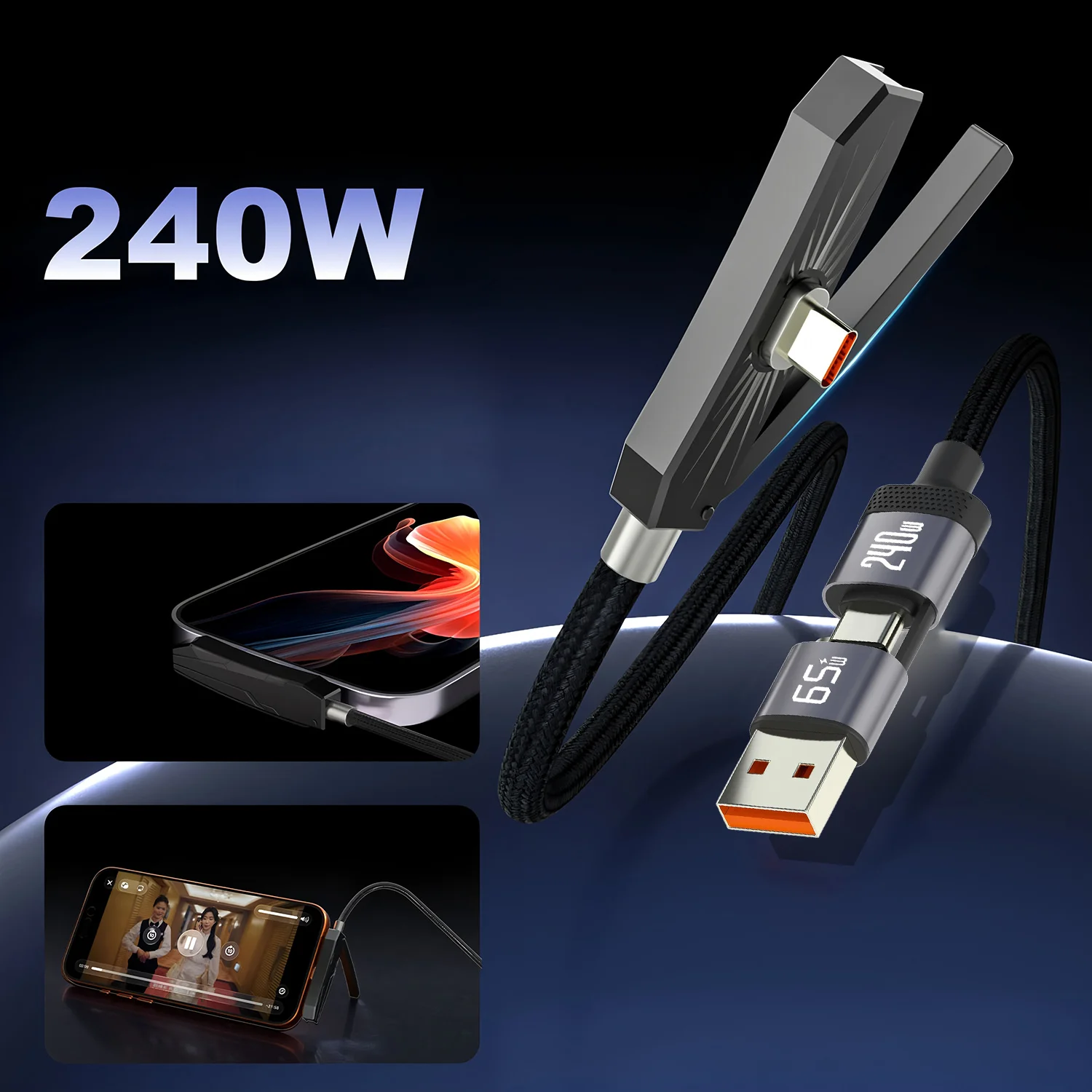 USB PD Fast Charging Cable with Integrated Stand Powerful Charging Foldable Phone Stand Data Cable for iPhone 17 Tablets 240W ﻿