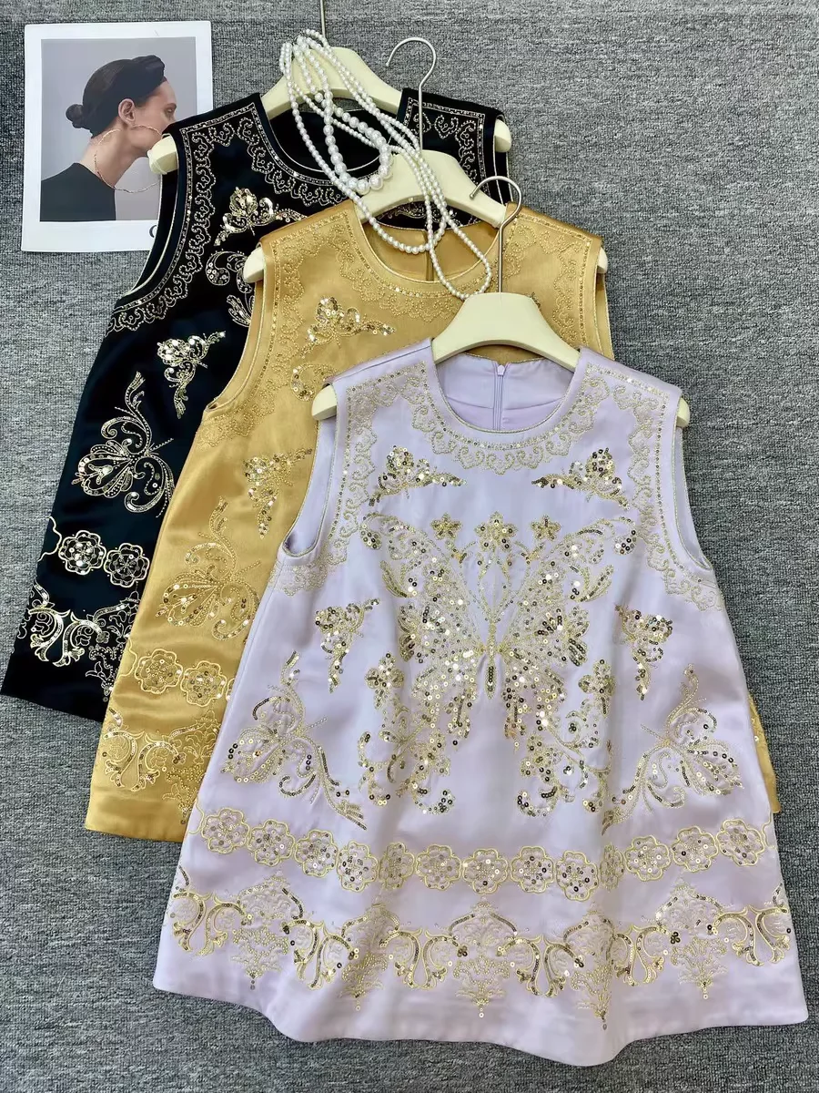 

Sexy Ladies Sleeveless Loose Top Yellow Fashion Women's Black Silk Shirt Luxury Embroidered Pink Vest