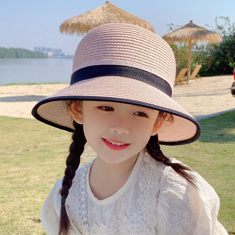 Children\'s Sunscreen Hat for Spring Travel  Girls in Summer Straw Hat for UV Protection Bowtie Straw Hat