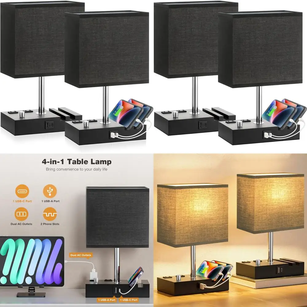 

Black Dimmable Bedside Lamps with USB C Ports, Wooden Desk Lamp Set of 2, Charging Outlets and Phone Stand, Bulb Included