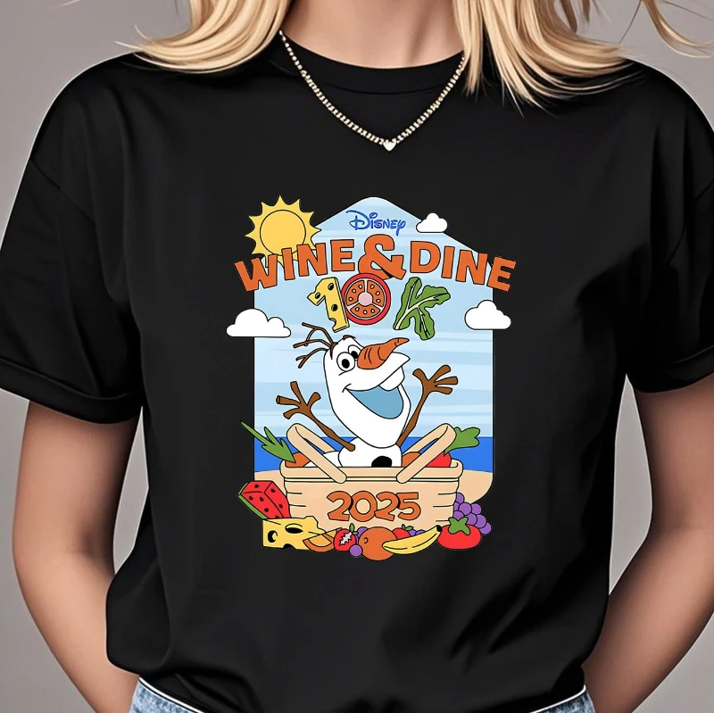 

Disney Women's Casual Short Sleeve T-shirt -2024 Wine and Food Pattern Printed Summer Round Neck Top
