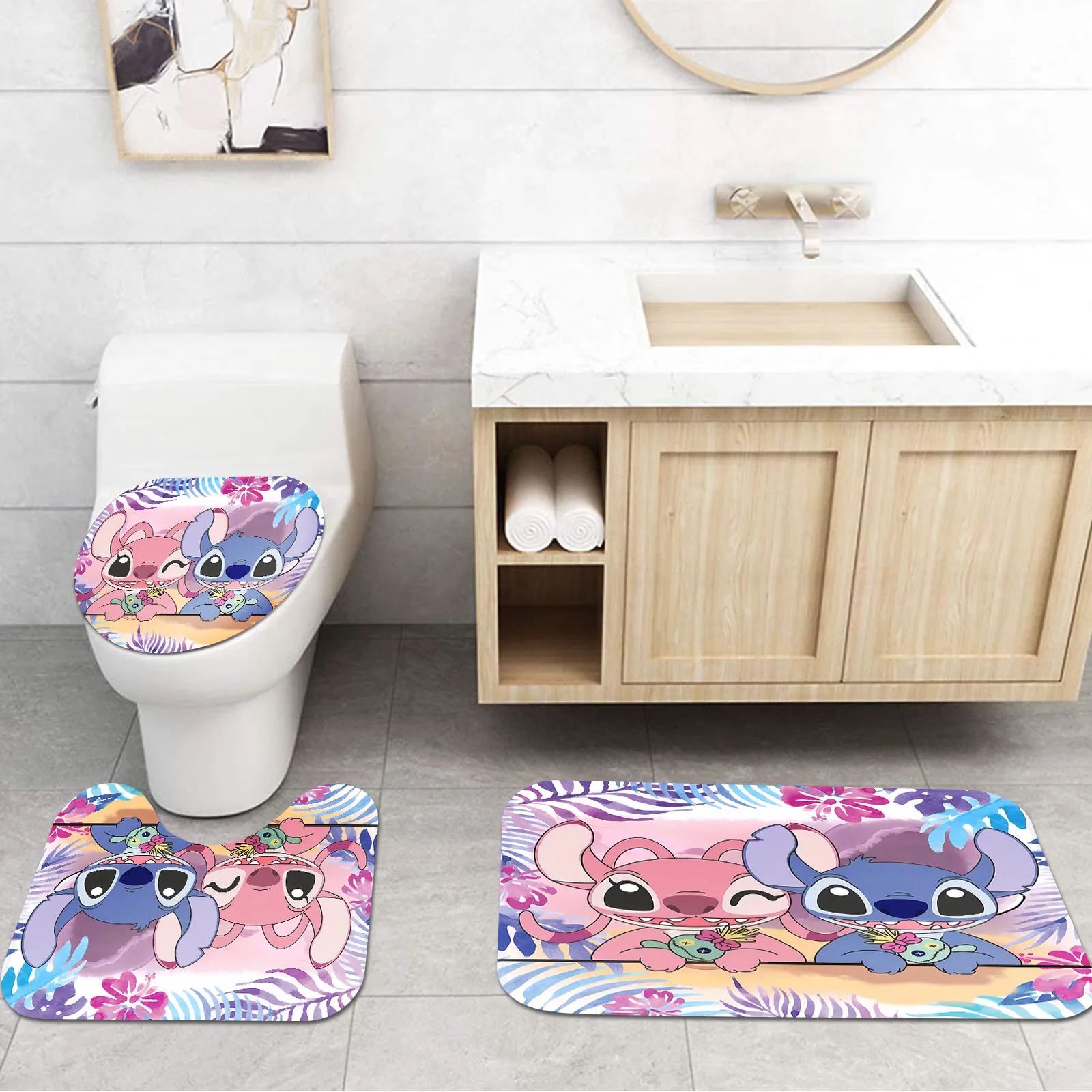 Disney Stitch Shower Bath Mats, Kawaii Bathroom, Cartoon, Great Gift for Kids, Cute Polyester Curtain, Full Luxury Set, 4 Pcs