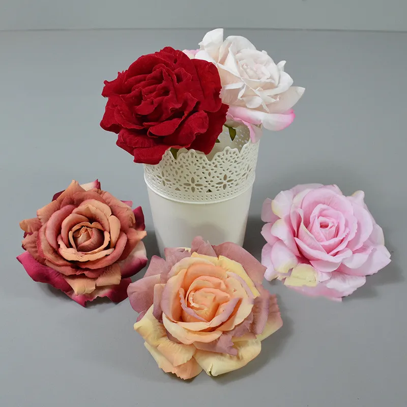 

9Colors 15CM 5PCS Artificial Silk Oil Painting Charpie Rose Flower Head For Diy Wedding Wall Arch bouqet Decorative Accessory
