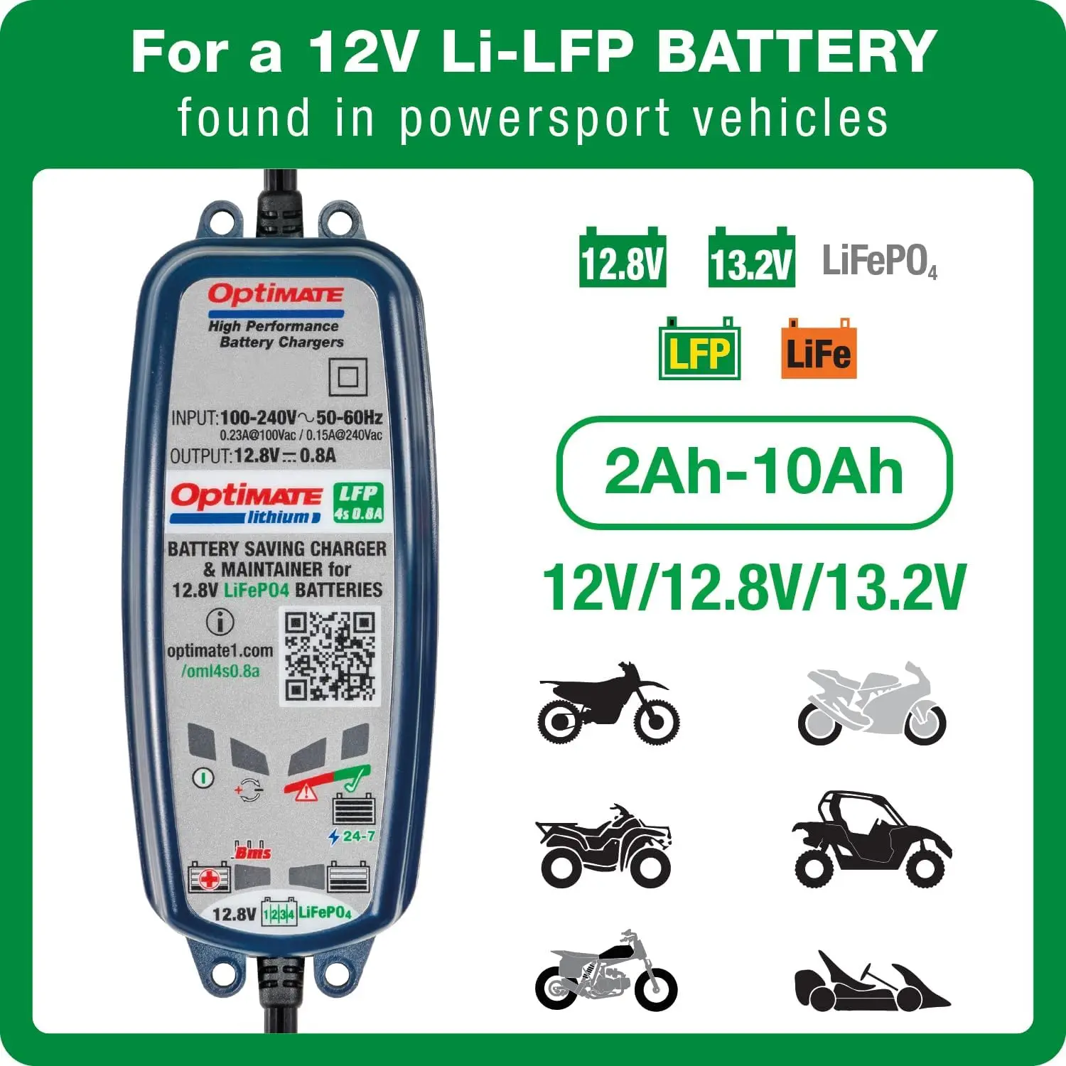 4s 0.8A Lithium Battery Charger & Maintainer, 12.8V with BMS Wake-Up Mode for Extended Life