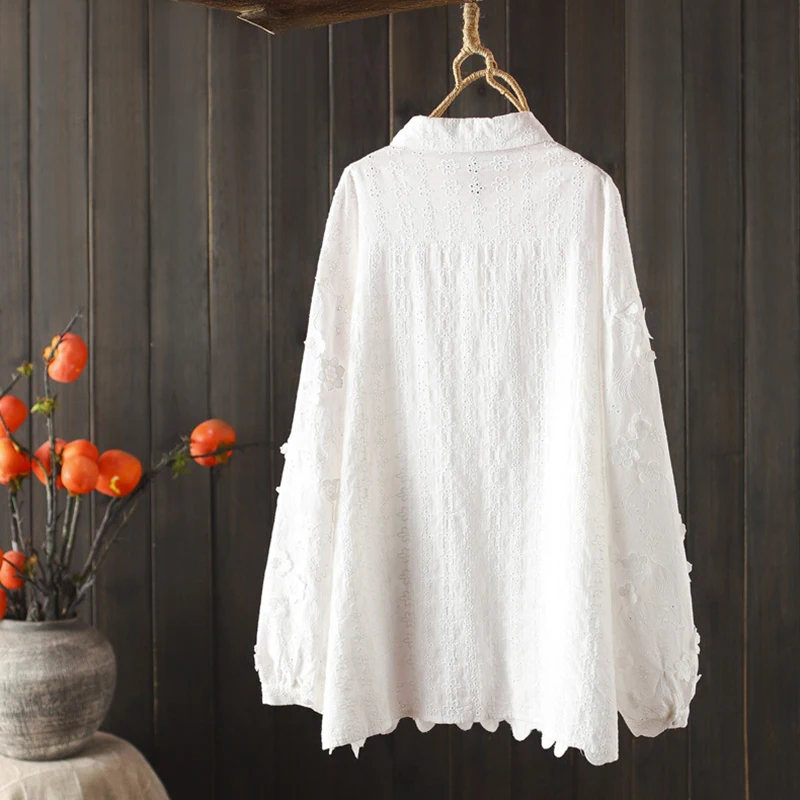 Primavera outono botões coloridos blusa de algodão topos roupas femininas cor branca bordado e camisas e blusas ocas u109