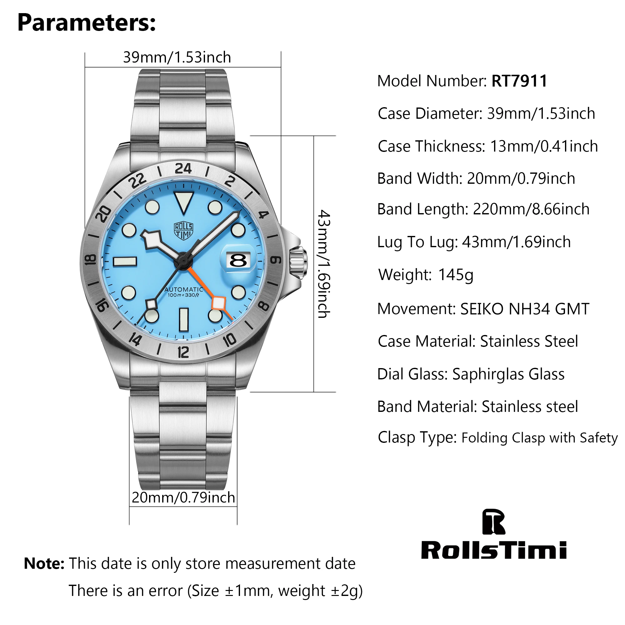 RollsTimi NH34 GMT Mechanical 2024 Men Automatic Watches 39mm Stainless Steel Waterproof Wrist Watch for Men Sapphire Dial Glass