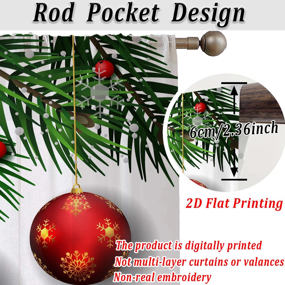 Christmas Flat Printing Sheer Curtain with Christmas Ball Pine Branches Snowflak for Living Room Bedroom Decor Holiday Party