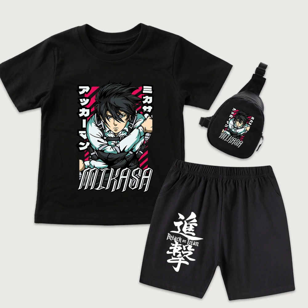 Aot Mikasa Anime Print Kids Cotton T Shirt Shorts Mini Chest Bag 3 Piece Set for Boys Girls Casual Summer Outfit