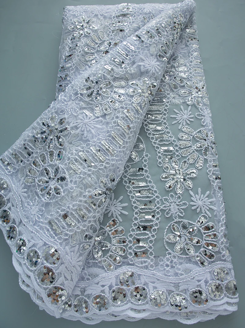 White 2025 African Sequins Lace Fabric 5 Yards High Quality French Nigerian Groom Lace Fabric For Sewing Dress Wedding Party