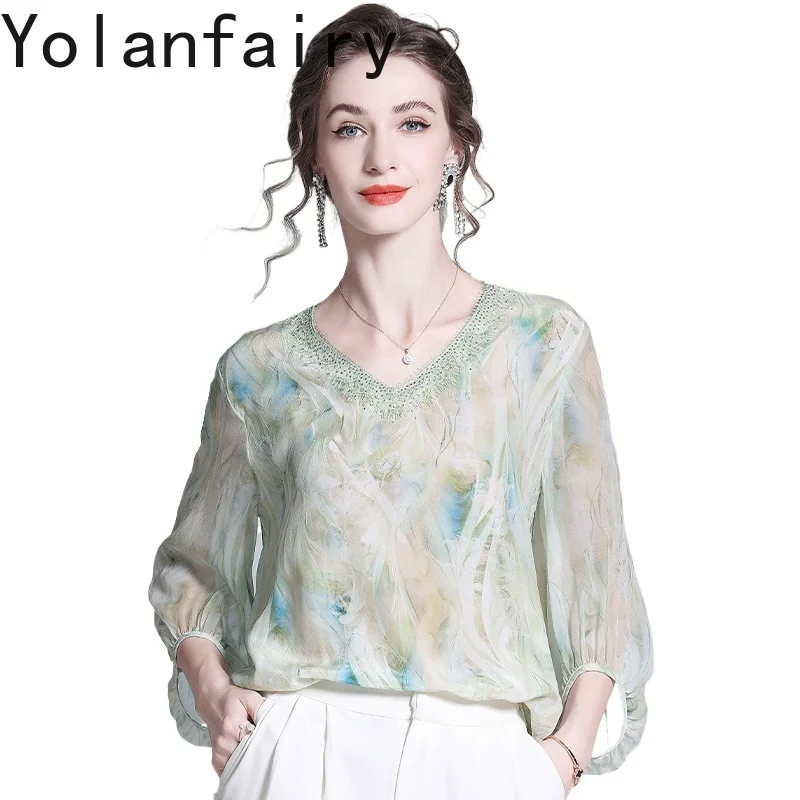 

YOLANFAIRY 100% Natural Mulberry Silk T Shirts for Woman Early Autumn V-neck Woman Blouses Elegant Printed Tee Shirt Femme 2025