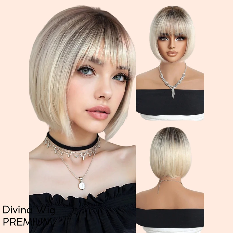 Platinum Blonde Bob Wig with Bangs Short Straight Ombre Synthetic Hair