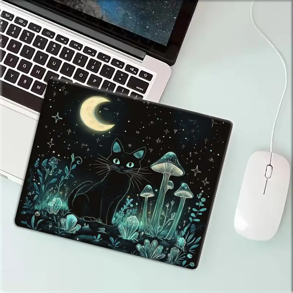 Small Gaming MousePad Mystical Black Cat Moon Mushroom Magic Forest Print Non Slip Rubber Base Stitched Edge 22*18/25*29CM 40*45