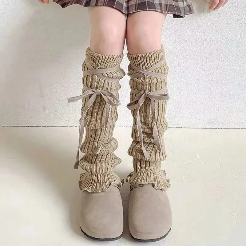 

Autumn Winter Children Leg Warmers Lolita Lace Bowknot Knitted Socks Baby Girls Warm Foot Cover Cute Sweet Socks Long Stockings