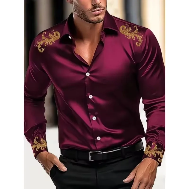 

New men's satin casual shirt, long sleeved shirt, single breasted shirt, lapel shirt, wedding party clothing plus size shirt