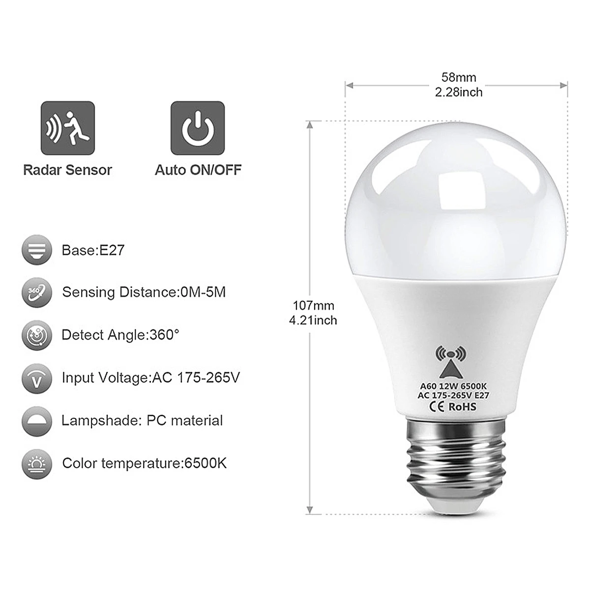 Microwave Radar Induction 12W LED Light Bulb With Motion Sensor LED Lamp E27 220V Cool White 6500K Bulbs For Home Workshop
