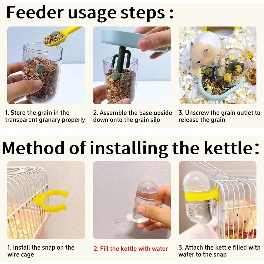 وعاء توزيع طعام الفئران الأوتوماتيكي مع زجاجة مياه ووعاء طبق الطعام لجربوع الفأر القزم باللون الأخضر