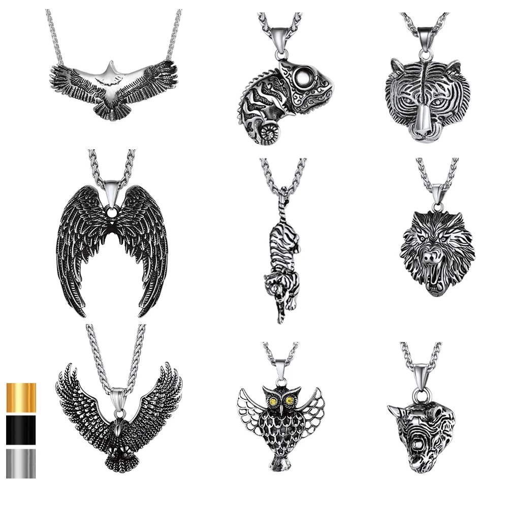 U7 Big Stainless Steel Animal Pendant Necklaces Vivid 3D Rhino Eagle Wolf Tiger Lizard Flying Wings Charm Gothic Punk Jewelry