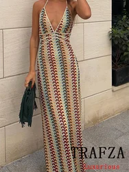 TRAFZA Vintage Casual Chic Women Dress Printing Halter Straight Long Vestidos New Fashion 2024 Summer Holiday Sexy Female Dress