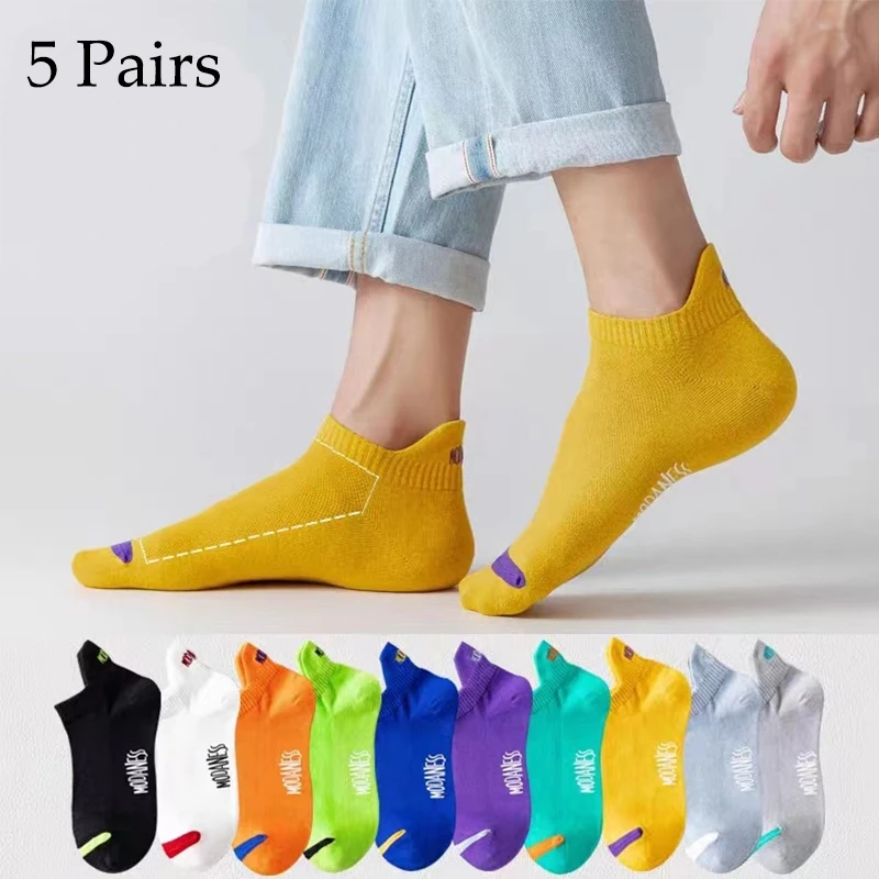 5 Pairs Bright Color Ankle No Show Socks Men Breathable Street Fashion Sport Deodorant Invisible Travel Running Socks