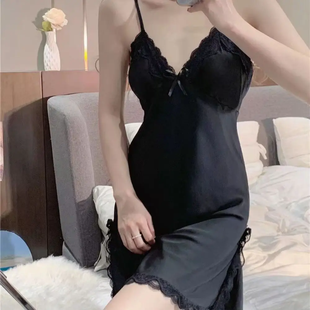 

Elegant Lace Bow Women's Pajama Dress Sleeveless Split Ice Silk Suspender Nightdress Sleepwear Thin Slim Sling Nightgown Club