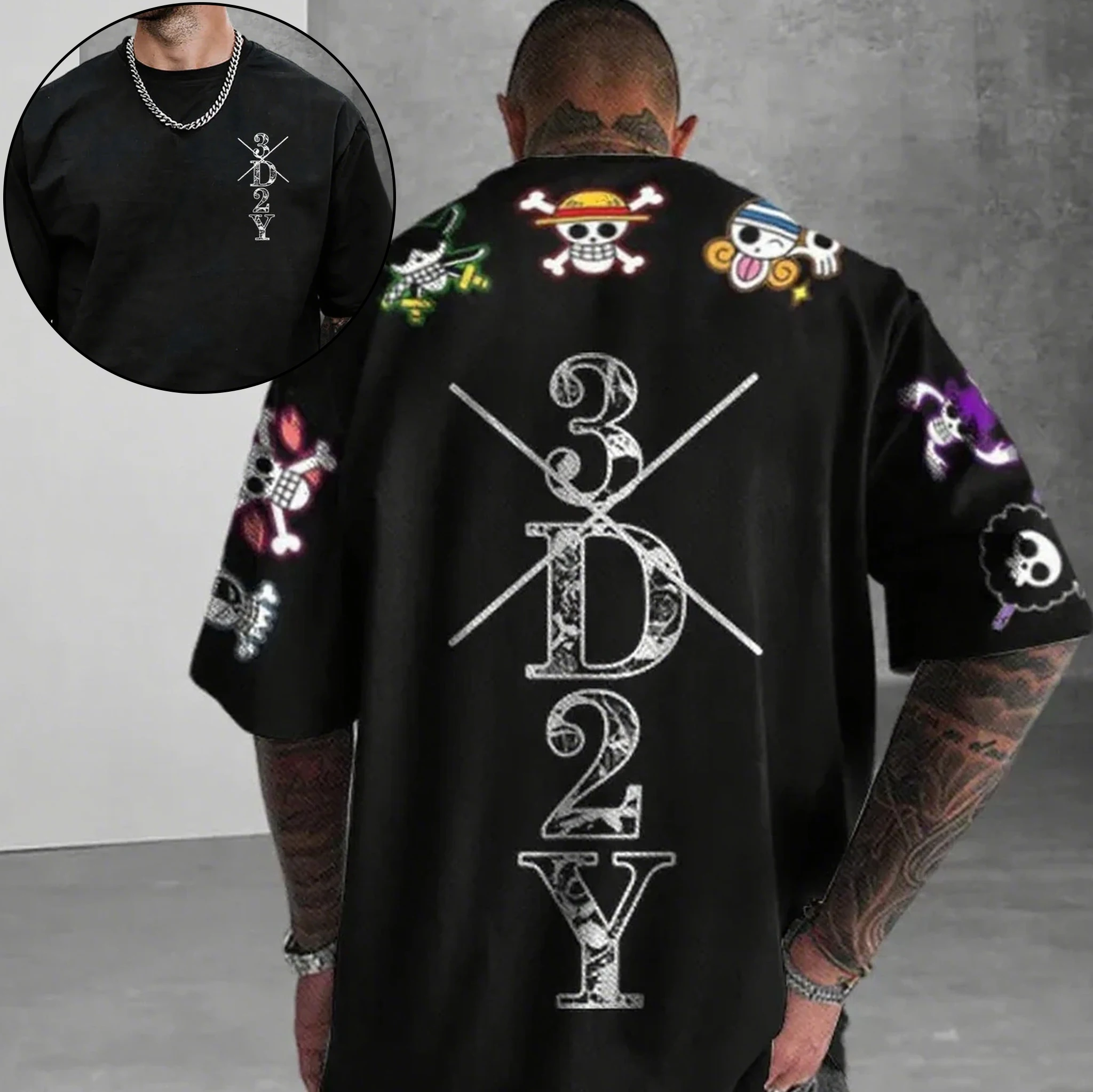 원피스 애니메이션 해골 프린트 남성 티셔츠 여름 반팔 그래픽 티 스트리트웨어 힙합 패션 오버사이즈 Y2K 의류