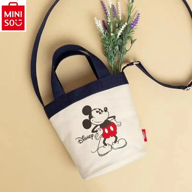 MINISO Disney Cute Mickey Cartoon Canvas Mickey Bucket Bag Women\'s Fashion Versatile Handbag