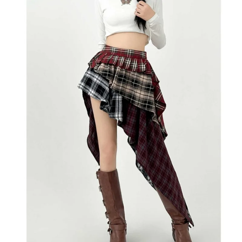 

Women's A-line Plaid Skirt Vintage Fashion Aesthetic Asymmetrical Mini Skirt Harajuku Korean Slimming Skirt Clothes Spring