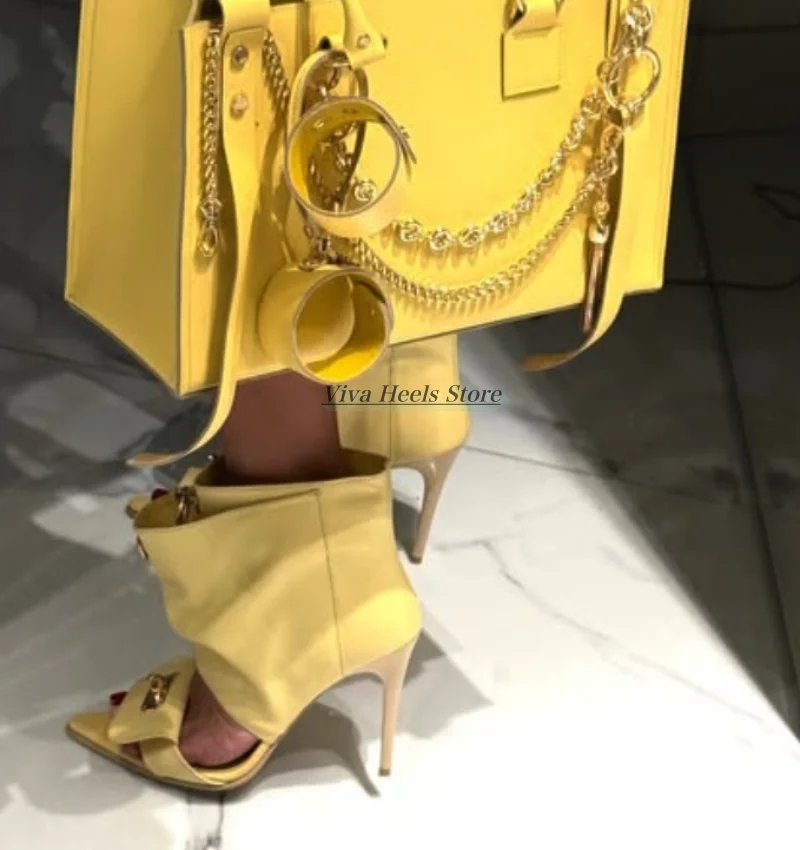 Dames metalen gesp sexy leren sandaal laarsjes bruin/zwart puntige neus hoge hakken zomer enkellaars luxe designer schoenen