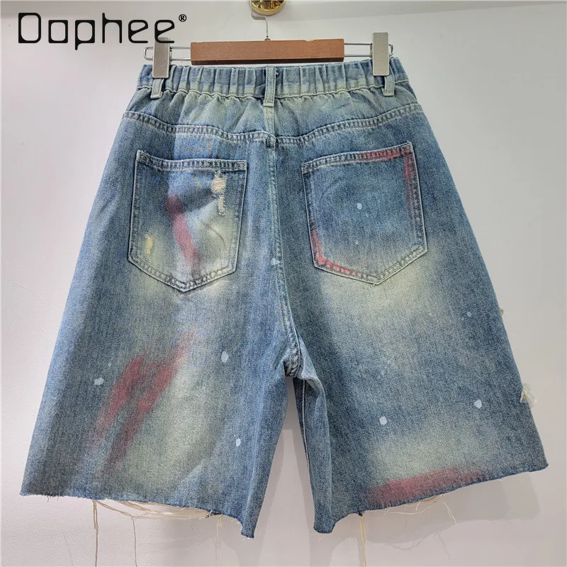 Ripped Three-dimensional Embroidered Denim Shorts for Women 2025 Summer New Korean Fashion Loose High-waisted Wide-leg Pants