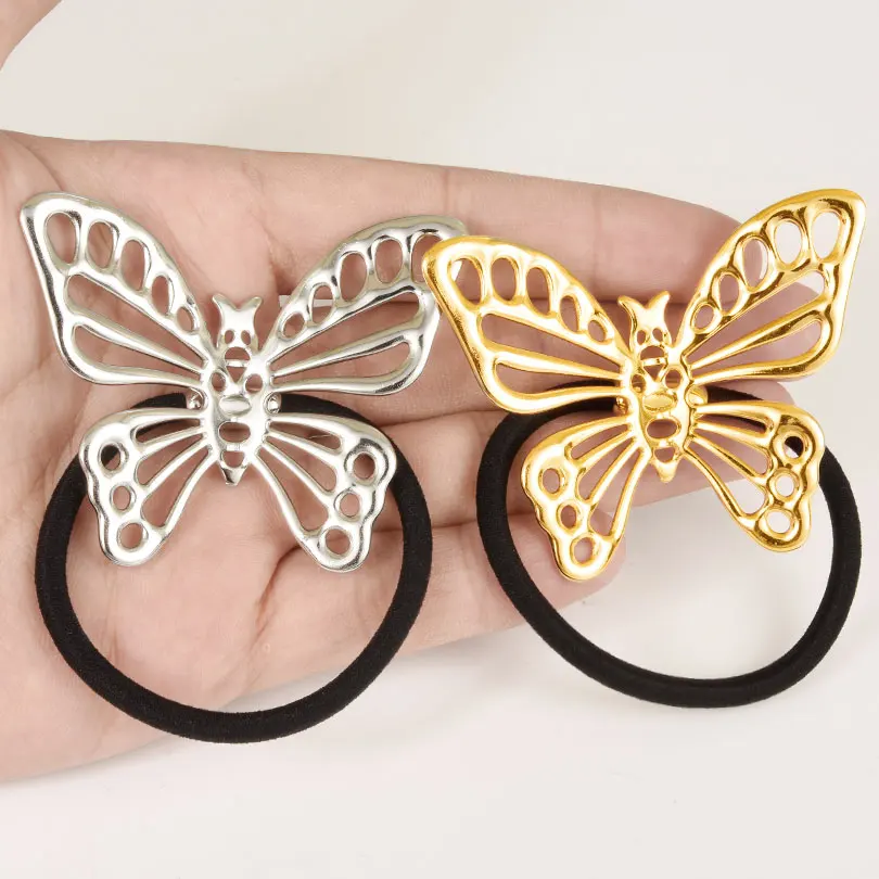 Lazos y elásticos para el cabello de mariposa hueca de acero inoxidable, accesorios para el cabello para mujer y niña, joyería de Color dorado/plateado a la moda