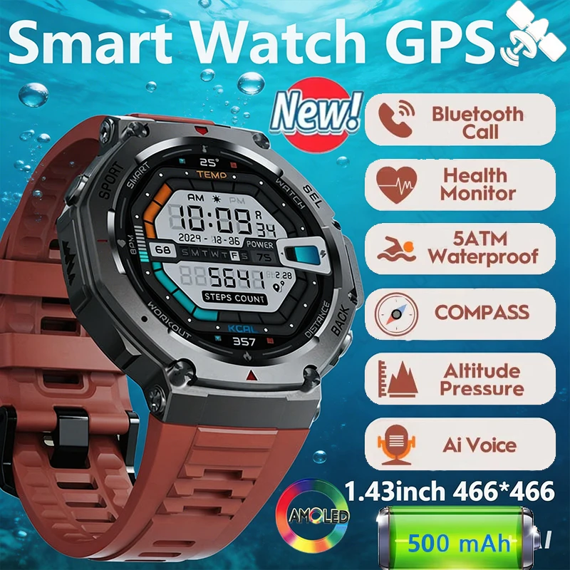 

New T-Rex 3 Military Smart Watch with Dual Band GPS 48 mm 10 ATM Water Resistant 500 mAh Battery Compass Altimeter Smart Watch