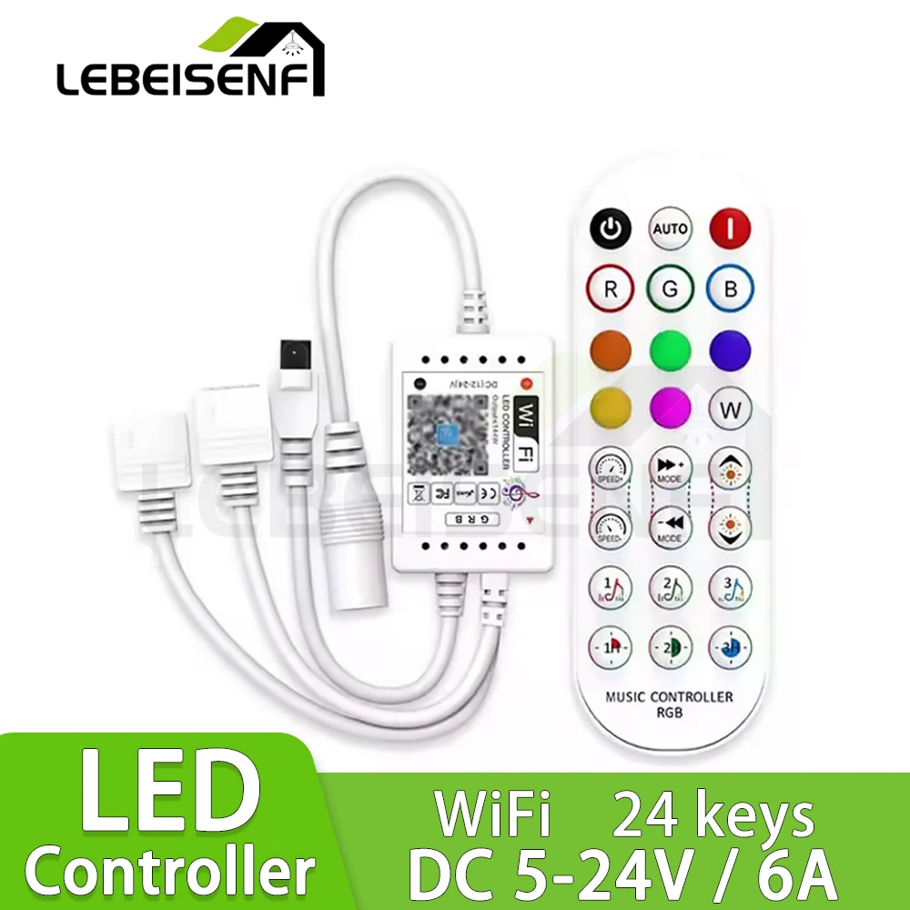 WiFi Dual-Head Dual-Output RGB Music Controller Smart Home Automation IR24-Key Remote LED Strip Lights Control
