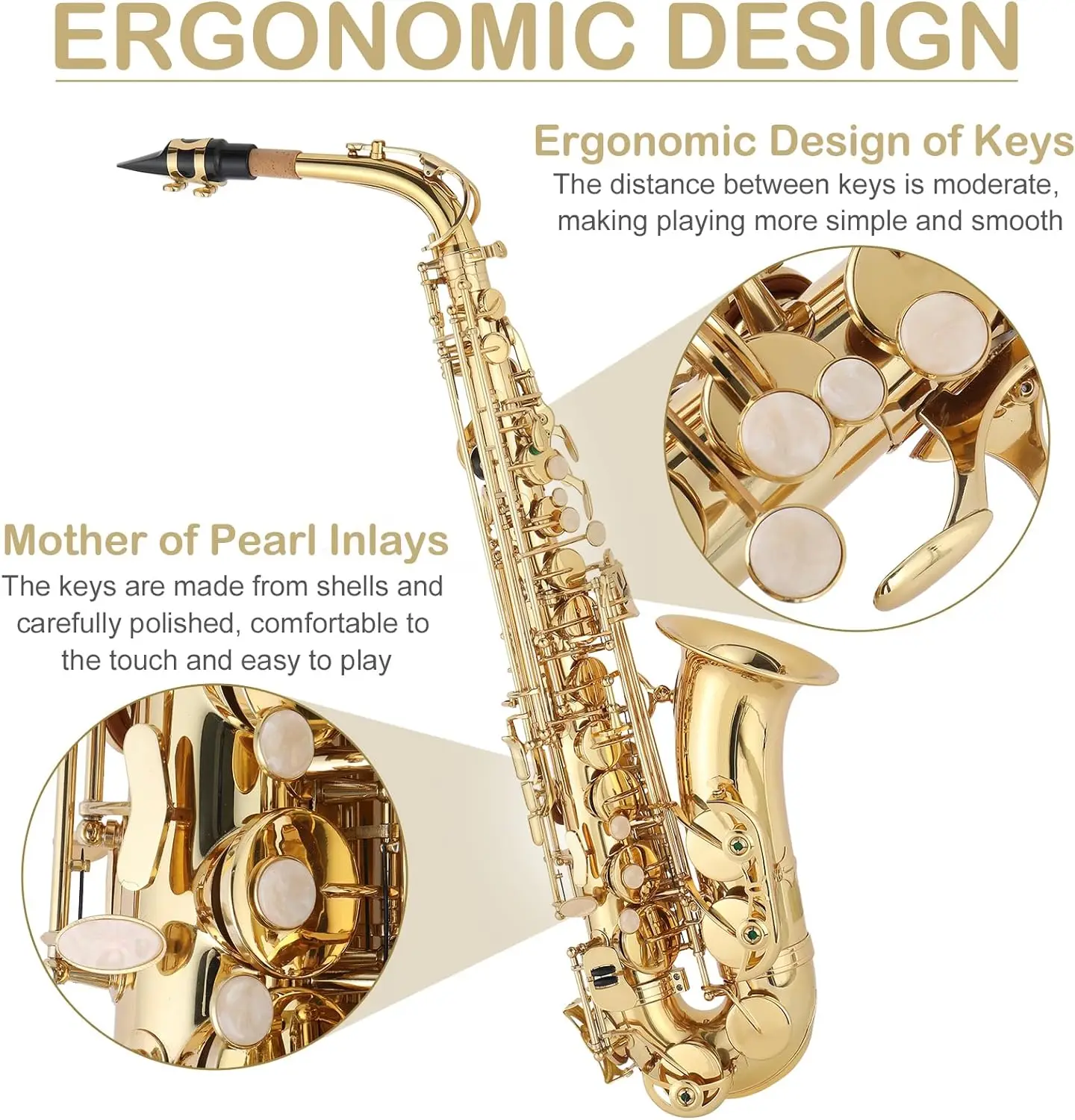 Alto Saxophone Drop E Brass Sax Full Kit for Student Beginners with Carving, Mouthpiece, Carrying Case, Gloves, Cleaning Cloth B