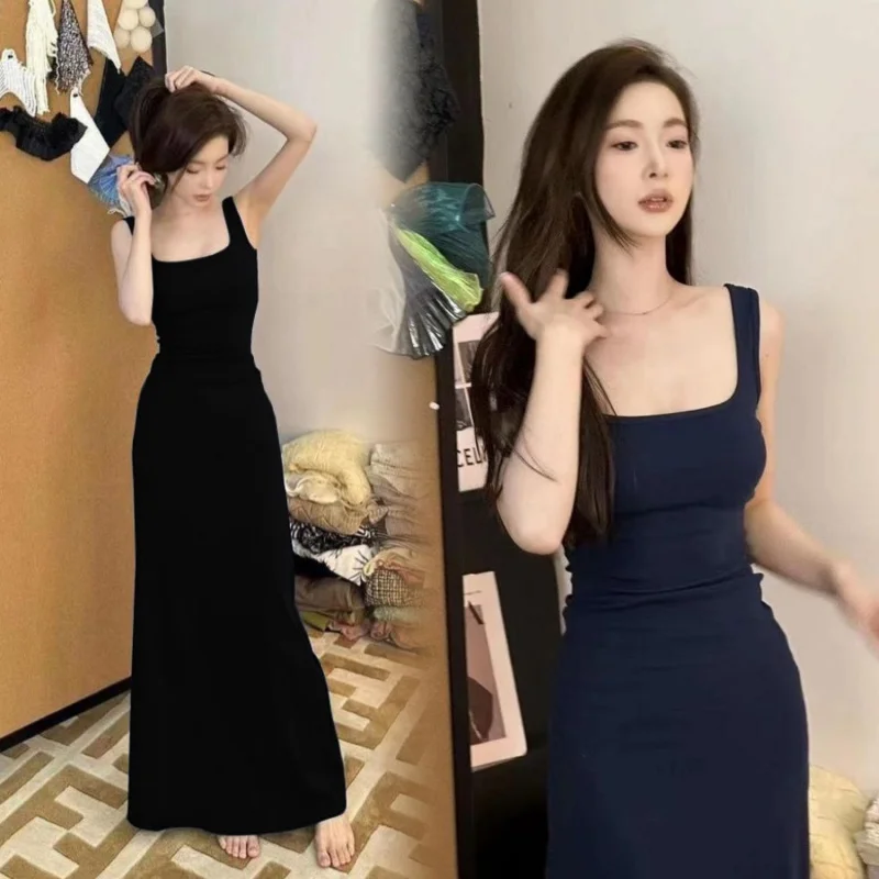 Dark Blue Square Collar Spaghetti Straps Sleeveless Vest Dress Mom Style Dress Women's Autumn 2023 New Cold-Feeling Dress