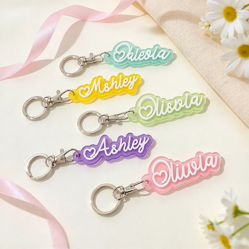 Personalized Custom Name Keychain Heart Letters Text Customized Acrylic Keyring Bag Charm Woman Gift Backpack Pendant Accessory