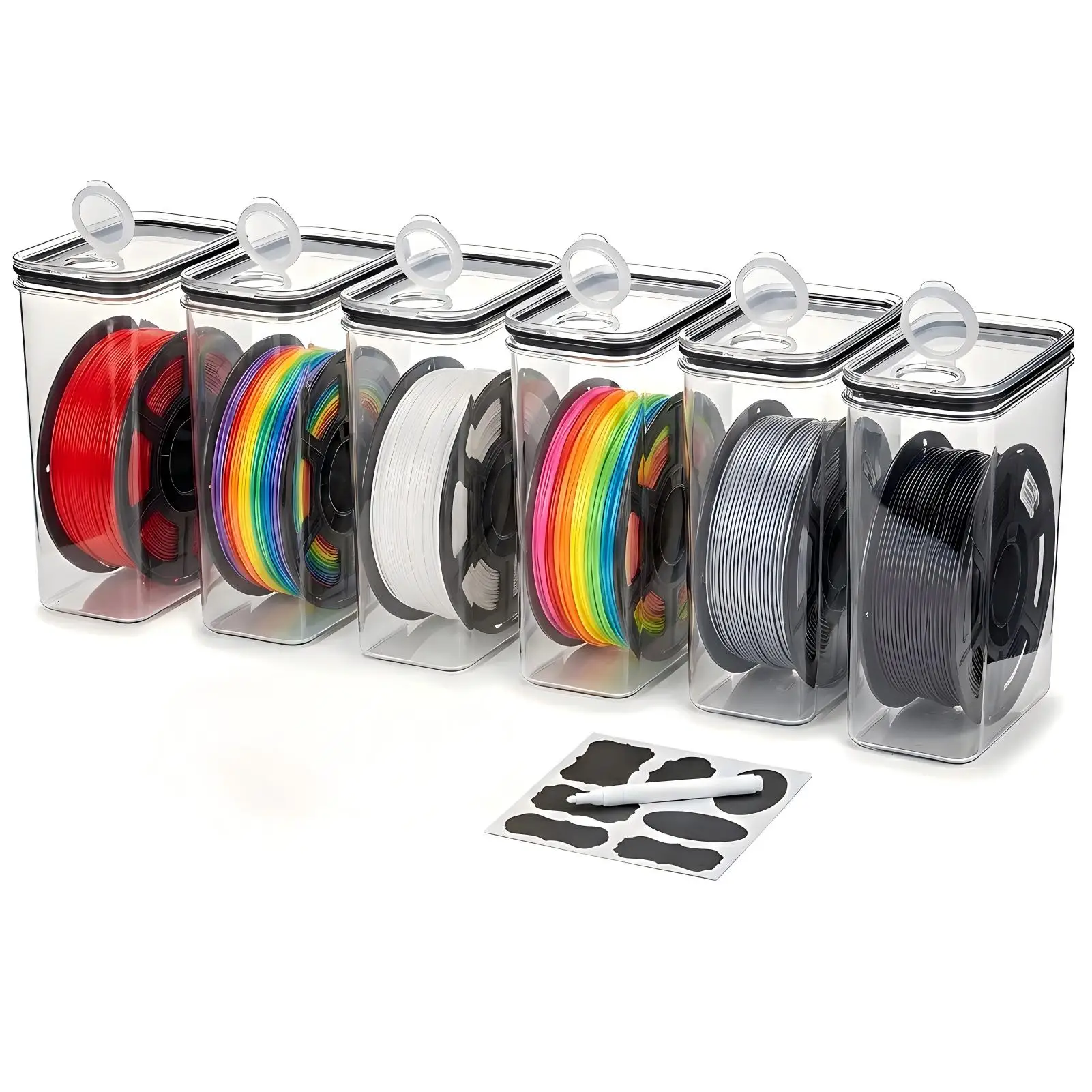 Vorratsdosen 6er Set 4L mit Deckel Luftdicht – Filament Box für 3D Drucker Filamentrollen, BPA-freie Aufbewahrungsboxen mit Filament-Auslass, Etiketten & Marker