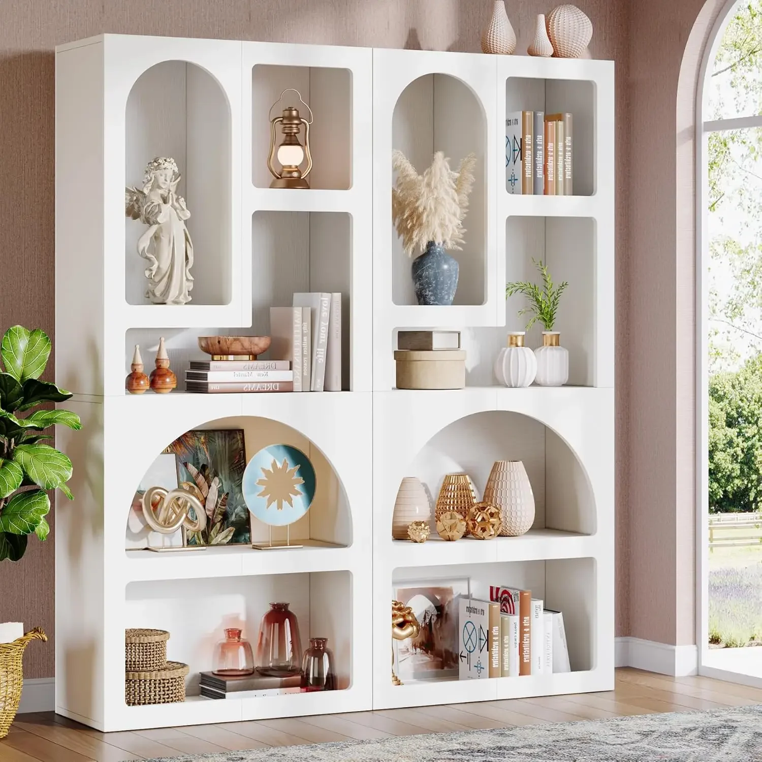 

Набор из 2 книжных полок с геометрическим рисунком высотой 70,9 дюймов, белый арочный книжный шкаф с 5 нестандартными полками для хранения