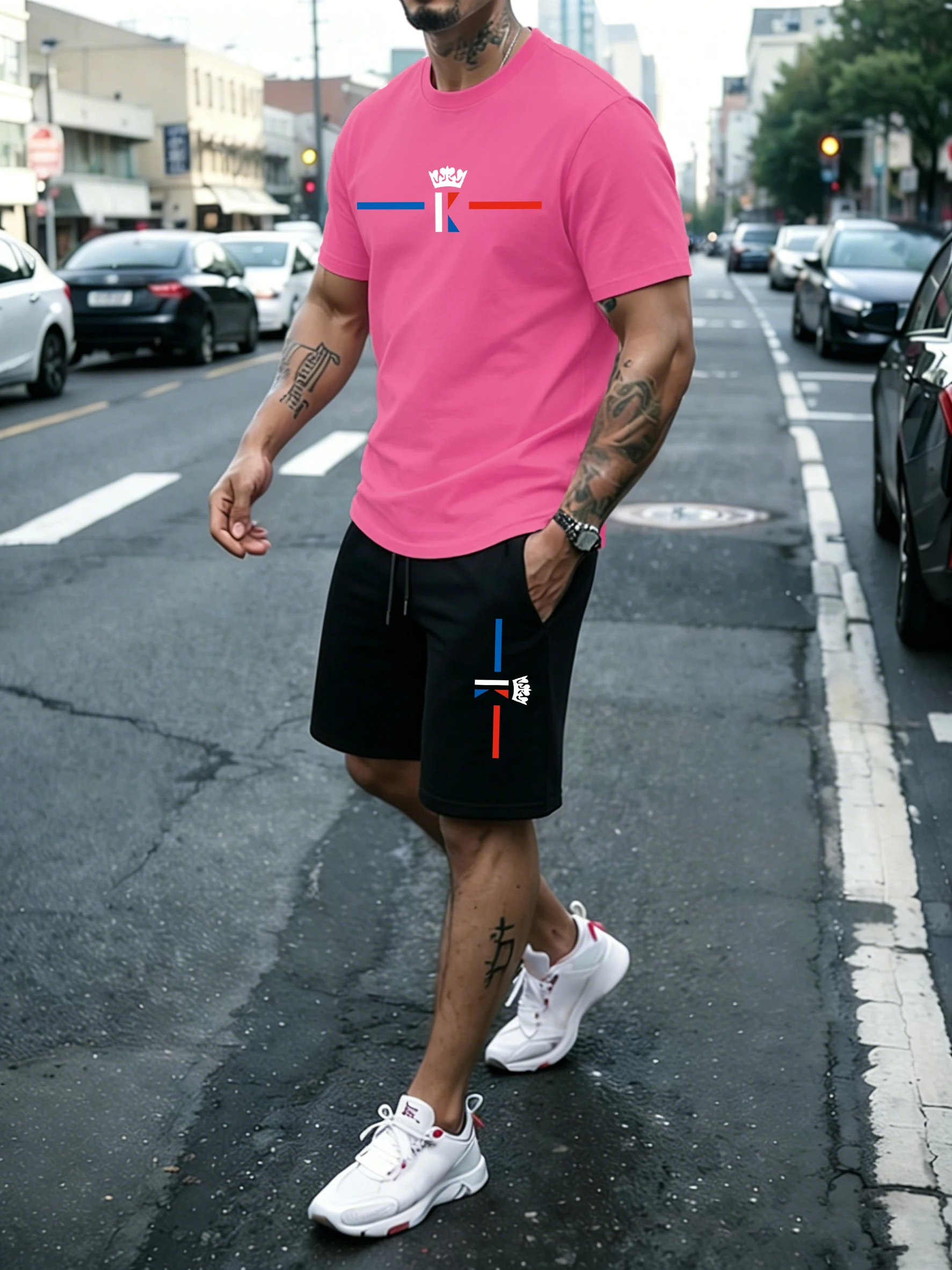 

Crown K Line Design Cotton Summer Daily Tees Set Man'S Simple Oversized Shorts Street Gym T-Shirt Beach Vacation Swimming Trunks