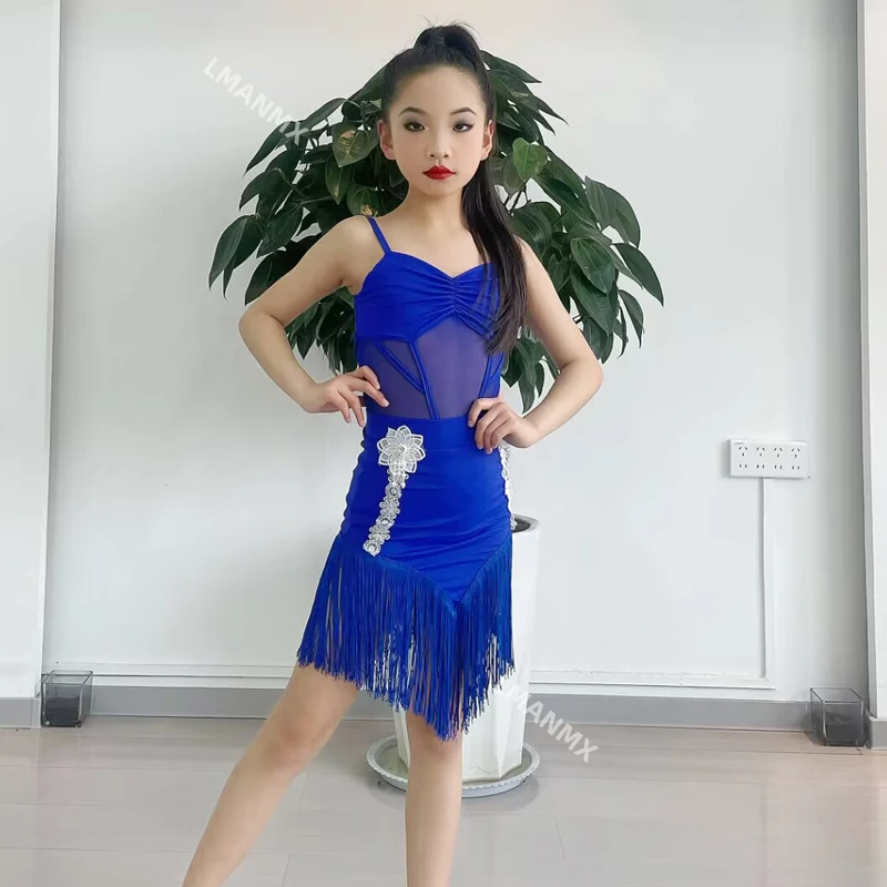 Nuevo vestido de baile latino con correa, vestido de práctica de baile profesional para niñas, vestido de entrenamiento con borlas avanzadas para niños