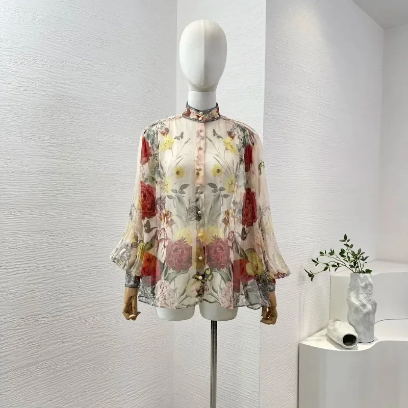 Red Rose Flower Print Long Sleeve Stand Collar Blouse Elegant Tops Short Set 2024 New Two Pieces High Quality