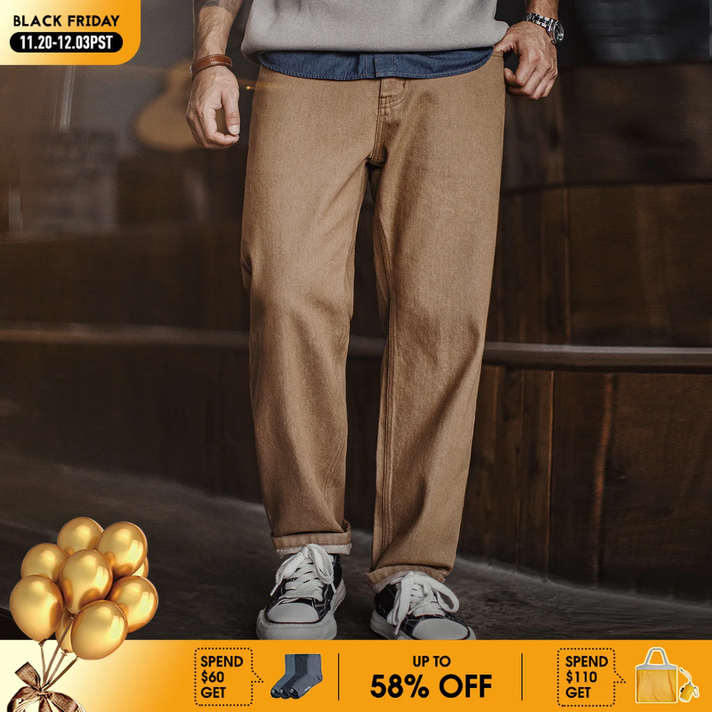 

Maden Men’s Vintage Khaki Denim Jeans Straight-leg Pants Casual Loose Fit Long Trousers Retro American Style Autumn Wear