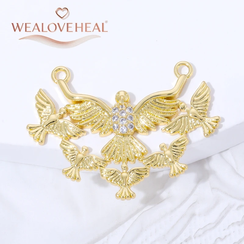 anhänger schmuck,anhänger schmuckherstellung,18K vergoldeter Messing-Taubenanhänger mit Zirkonia, mehrfacher Friedenstauben-Verbinder-Charm für DIY-Halsketten- und Armband-Schmuckherstellung – Detail 17