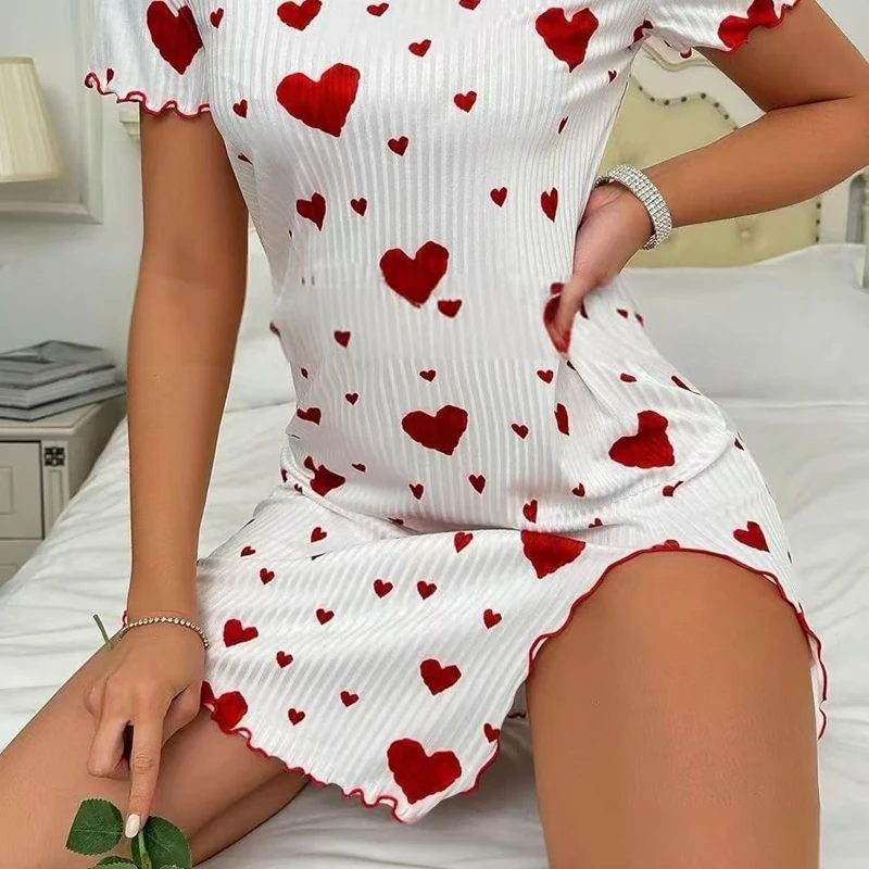 

Женская повседневная ночная рубашка с короткими рукавами и принтом сердца, дышащая удобная пижама с круглым вырезом и бантом, идеально подходит для летней домашней одежды, пижамы