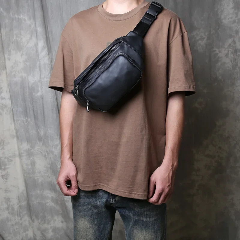 Borsa da petto in pelle da uomo Borsa da cintura in pelle di vacchetta con strato superiore semplice e versatile Borsa a tracolla casual e alla moda di grande capacità