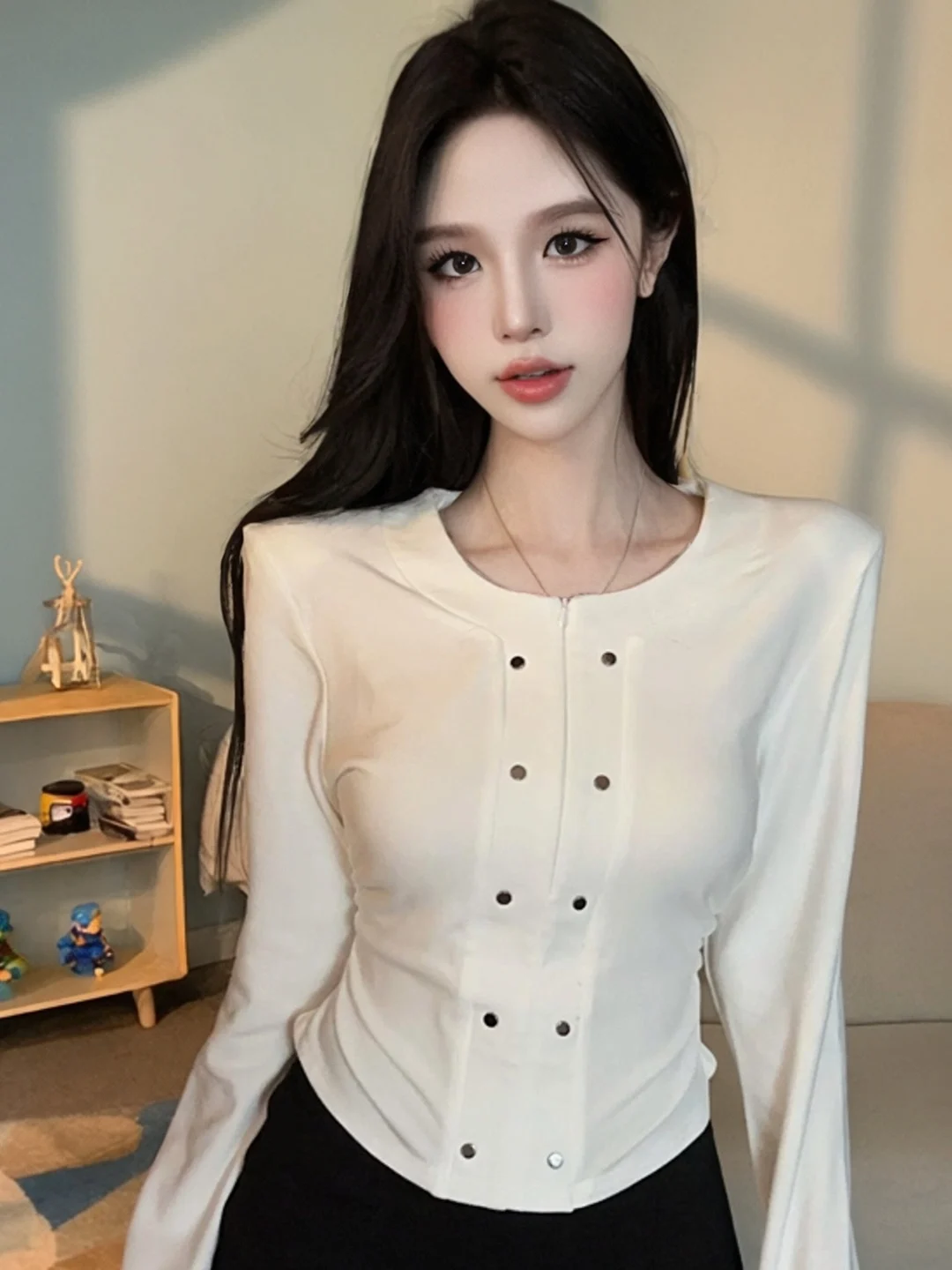 

Fashionable Spicy Girl V-Neck Fishbone Long Sleeve T-Shirt Women's Autumn Winter High-End Feeling Zipper Fleece Lined Brushed...