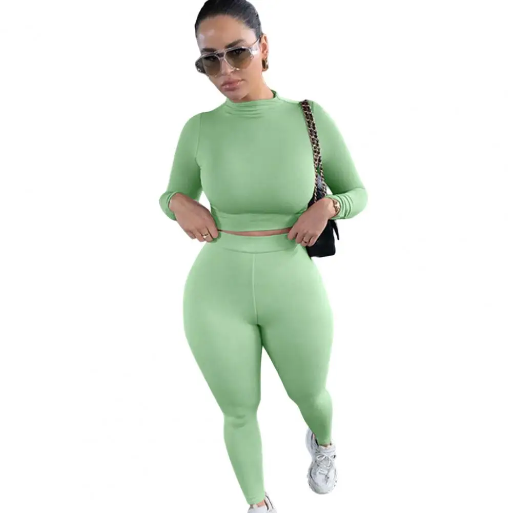 2 Pcs/Set Women Tracksuit Sexy Solid Color Elastic Bodycon Long Sleeve Crop Top High Waist Trousers Suits ensemble jogging femme