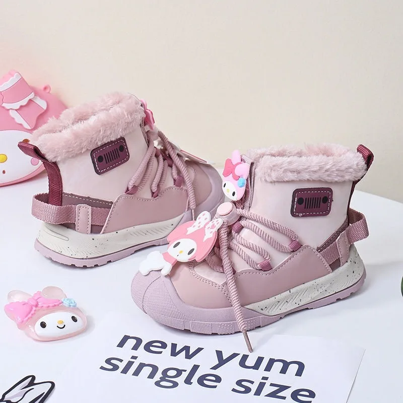 My Melody Anime Kawaii MINISO Ins Fashion Children Snow Ankle Boots Cute Kuromi Fleece Thickened Warm Shoes Gifts for Kids