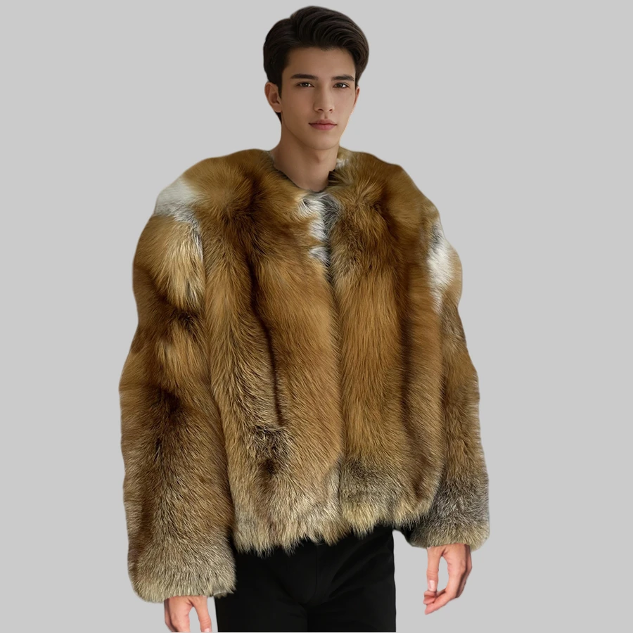 Real Fox Fur Coat With Round Collar Men's Short Fur Jacket Natural Full Skin Red Fox Fur Jackets High Quality Genuine Fur Coat